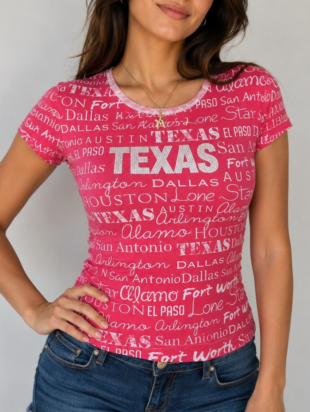 SWEET GISELE Hot Pink Bedazzled Texas Cities V-neck Top